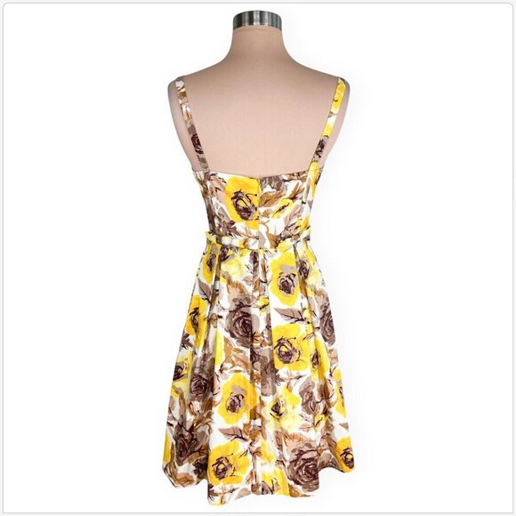 Maggy London Yellow Brown Floral Vintage Retro Look Sundress Dress Feminine 10P - Picture 3 of 5